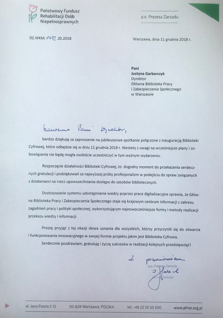 PFRON - list gratulacyjny