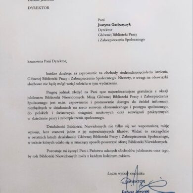 List gratulacyjny od Pana Dariusza Jaworskiego, Dyrektora Instytutu Książki