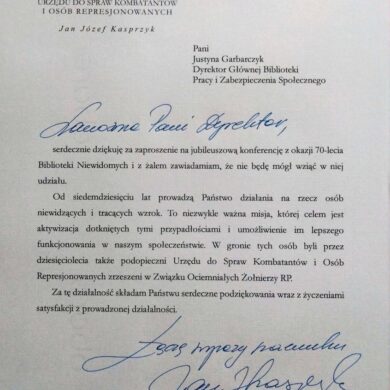 List gratulacyjny od Pana Jana Józefa Kasprzyka, Szefa Urzędu do Spraw Kombatantów i Osób Represjonowanych